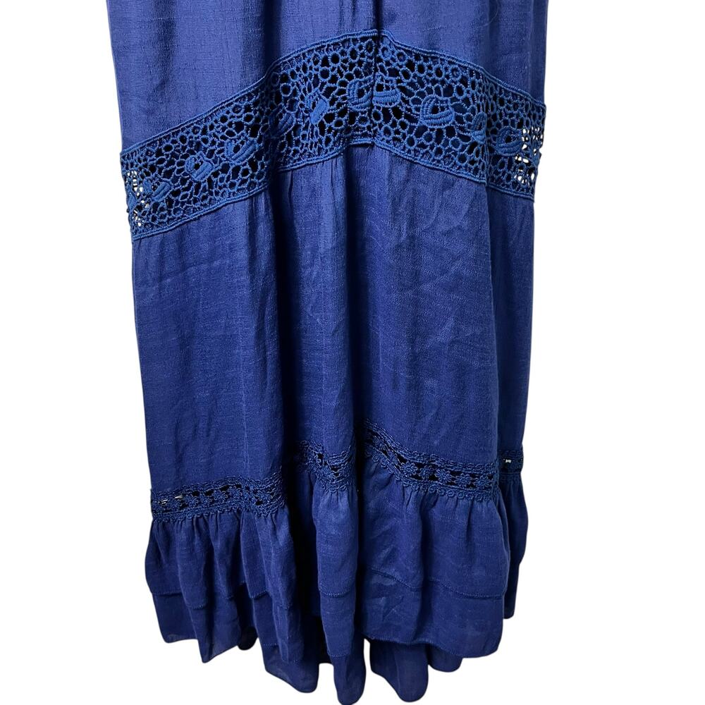 Floral Lace Sleeveless Tiered Maxi Dress Navy Blue Romantic Beach Vacation 2806 - Picture 4 of 6